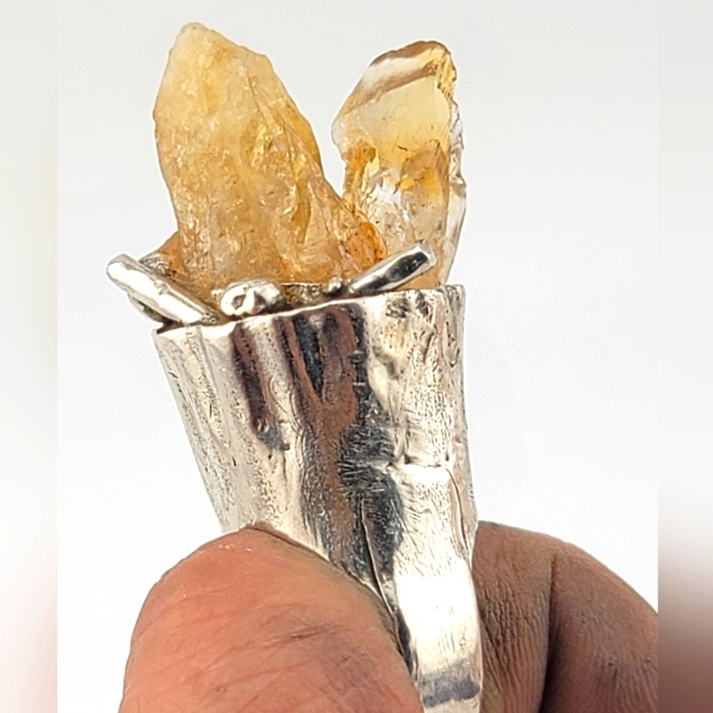 RAW CITRINE BRUTALIST STYLE RING HANDMADE IN STERLING SILVER METAL SIZE 7.5
